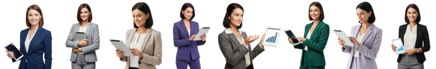 Group of diverse business women holding tablet isolated on transparent or white background