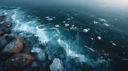Minimal frozen coast with dark sea, top view