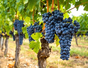 Naklejka premium Clusters of dark purple grapes hanging from vines in a vineyard