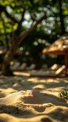 Illustration of a sandy beach at sunset on a seashore.