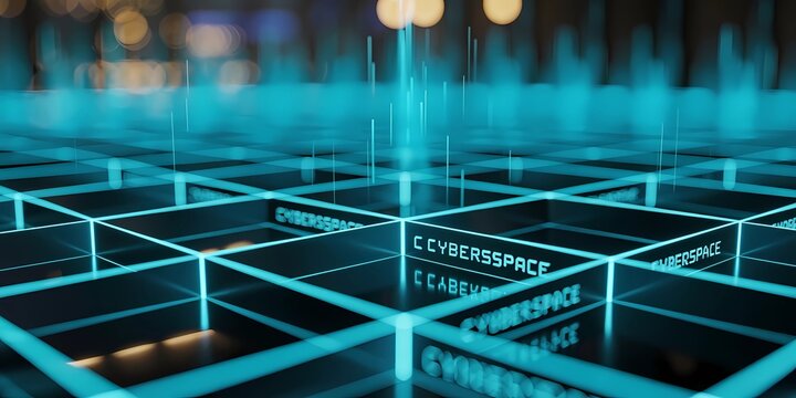 Abstract cyberspace grid with glowing text and lines in a futuristic style