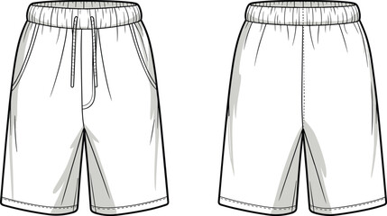 Flat vector technical drawing of men's shorts, front and back view, fashion sketch, garment design, apparel template, clothing illustration