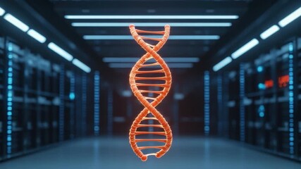 Abstract representation of DNA helix in a futuristic data center environment with illuminated storage systems 4k video footage - Powered by Adobe