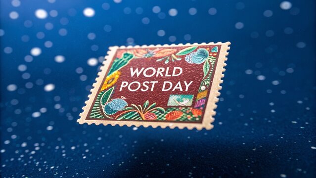 World Post Day, Close up detailed photograph of colorful postage stamp with rich textures.