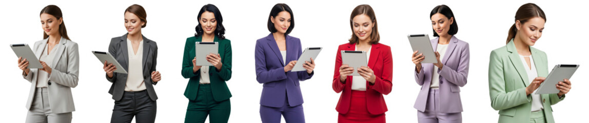 Fototapeta premium Group of diverse business women holding tablet isolated on transparent white background