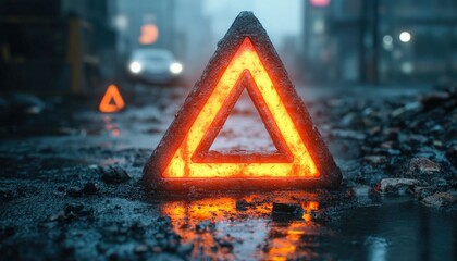 Glowing warning triangle sign on a dark, wet road at night. Used to signal danger or caution to approaching traffic.