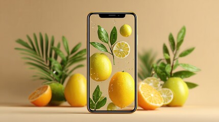 Modern smartphone display with floating citrus fruits