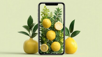 Modern smartphone display with floating citrus fruits