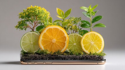 Modern smartphone display with floating citrus fruits