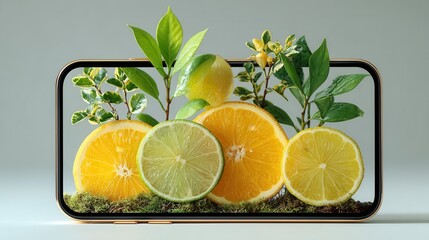Modern smartphone display with floating citrus fruits