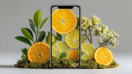 Modern smartphone display with floating citrus fruits