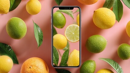 Modern smartphone display with floating citrus fruits