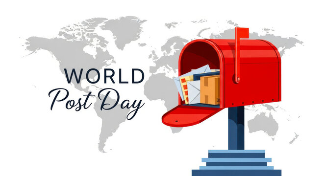 Celebrate world post day with a bright red mailbox overflowing with letters against a global map background
