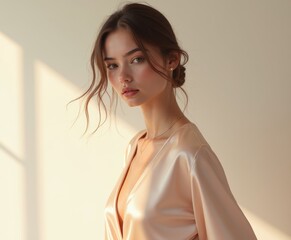 Fototapeta premium Quiet Luxury Fashion Portrait, Elegant Woman in Soft Satin Attire with Natural Light Glow