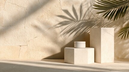 Beige stone podiums with cream jar and palm shadows