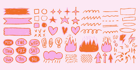 Girly crayon draw doodle set with planner elements, icons, arrows, hearts, stars in sketchy style. Pink school graphics for notes.