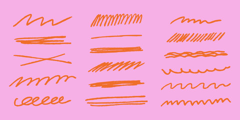 Crayon draw doodle line set with sketchy strokes, highlights, underlines, scribbles, dividers, strikethroughs in chalk pen textures. Vector girly style for text, notes.
