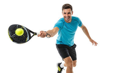 Smiling male padel player in blue shirt and black shorts reaches forward with his racket to hit the ball, expressing energy, enthusiasm, and enjoyment in a dynamic sports action on a white background.