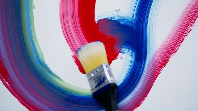 Close up of a paintbrush creating a colorful swirl of paint on a white surface.
