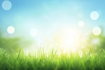 Fototapeta premium Lush green grass meadow under blue sky with sunlight bokeh, fresh summer nature scene with dew and soft depth