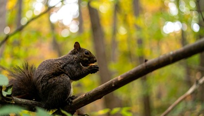 Obraz premium A dark squirrel nibbles a nut on an autumn branch