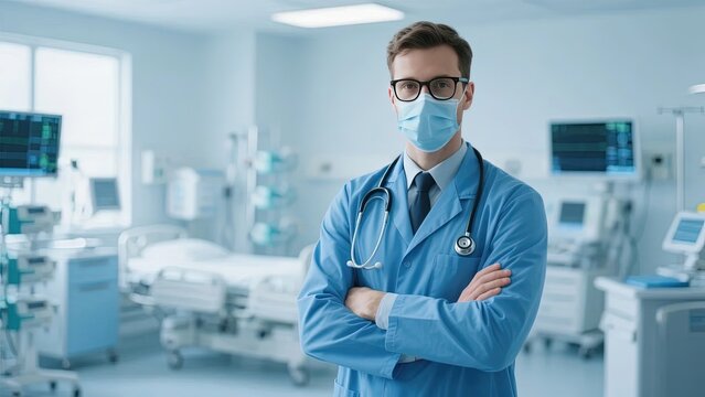 Male doctor wearing face mask and stethoscope standing in hospital ward with medical equipment in background