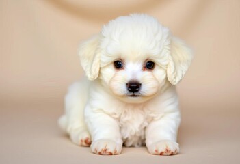 Obraz premium Fluffy white Poodle puppy, playful, sweet, tiny paws, big eyes, caniche, playful