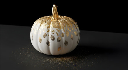 Obraz premium A chic and luxurious white halloween pumpkin with golden glitter and leaf decorations on a dark background.