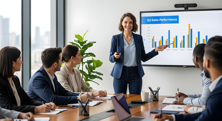 Confident businesswoman presenting quarterly sales performance to a diverse team in a modern office, highlighting growth, teamwork, and strategic planning during a professional corporate meeting.

