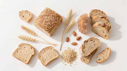 Assorted bread slices, whole grains, and wheat stalks arranged on a white background