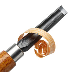 Detailed  captures a woodworking chisel in action, showing the sharp metal blade cutting through wood and creating a curled, delicate wood shaving against a stark black backdrop, highlighting...