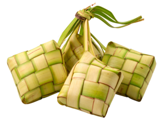 Four Ketupat, traditional rice dumplings wrapped in woven palm leaves, tied together and isolated on a white background.