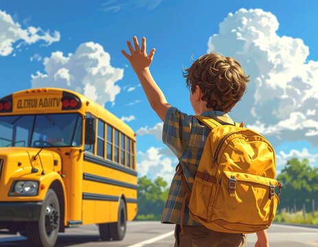 Schoolboy waving goodbye near school bus on a sunny day, outdoor scene