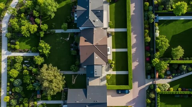 Aerial View of Suburban Neighborhood with Lush Green Lawns and Trees.