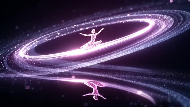 Ethereal dancer gracefully twirls amidst swirling cosmic lights and reflections in a vibrant galaxy