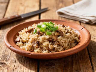 Brazilian Arroz de Carreteiro with mushrooms and green onions served in rustic clay plate, symbol of countryside culture and homemade cooking