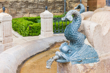 Detail of the fountain on the market square in Mora de Rubielos, Spain