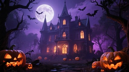Spooky haunted mansion with glowing jack-o'-lanterns under a full moon on Halloween night