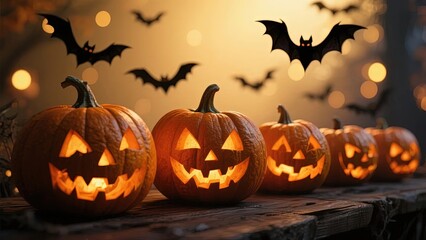 Row of carved glowing jack-o'-lanterns on wooden surface with flying bats and warm bokeh background