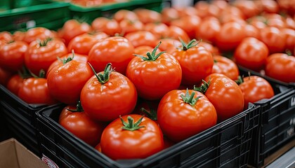 Fresh, red tomatoes in black crates