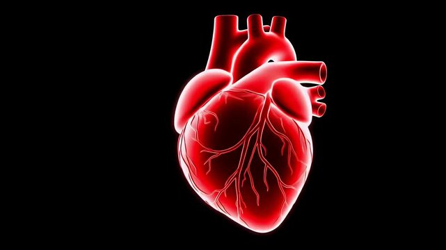 Anatomical illustration of a human heart beating with blood flow.