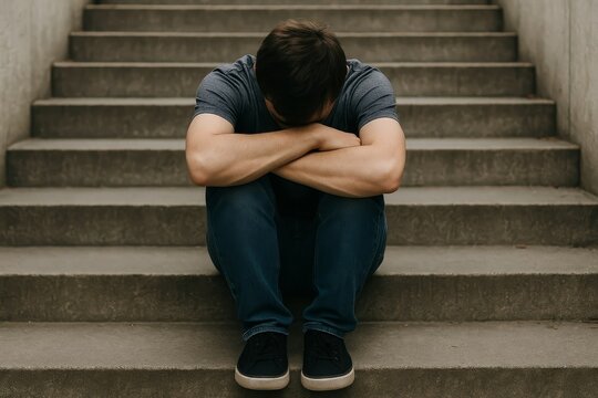 A distraught young man sits on concrete stairs, head buried in arms. He appears to be experiencing sadness, loneliness, or depression.