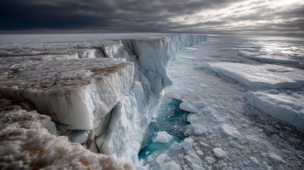 A vast Antarctic glacier with a massive, geometric blue void in the ice, under a troubled, melancholic sky.