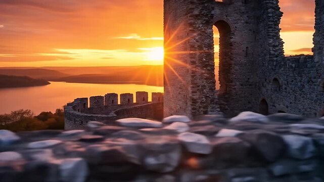 Ancient Castle Ruins at Sunset Overlooking a Serene Lake.