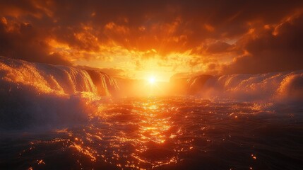 Fiery sunset over cascading waterfalls