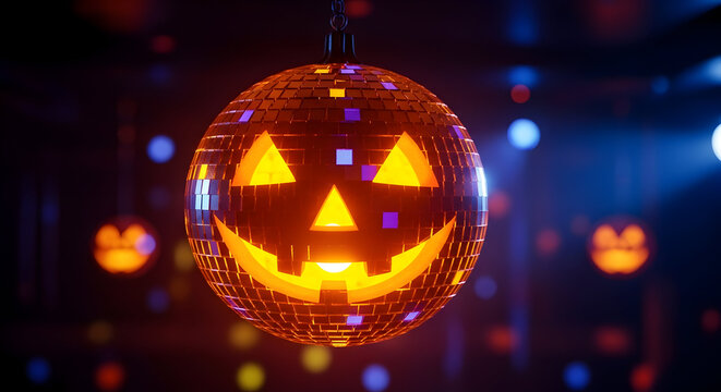 A glowing halloween disco ball jack-o'-lantern reflecting colorful lights, perfect for a spooky party or festive celebration.