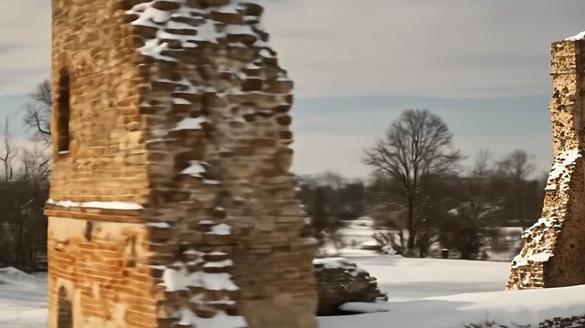 Ancient Castle Ruins Covered in Snow During Winter Season.