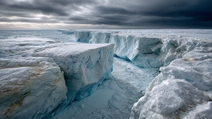 A vast Antarctic glacier with a massive, geometric blue void in the ice, under a troubled, melancholic sky.