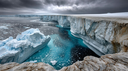 A vast Antarctic glacier with a massive, geometric blue void in the ice, under a troubled, melancholic sky.