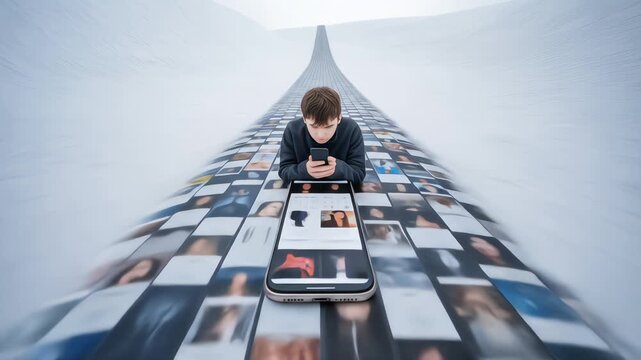 A young man is absorbed in his smartphone, scrolling through an endless surreal road made of social media profiles